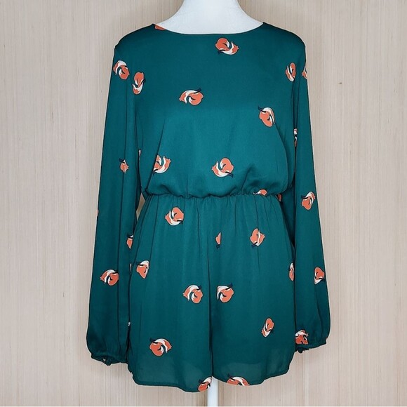 Everly Long Sleeve Shorts Romper Hunter Green Fox Print Lined Women's Size Small - Picture 1 of 12